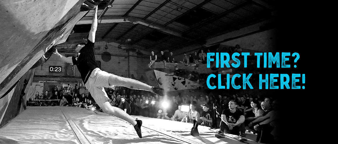 First time? Get started here! (picture of climber on cave roof)